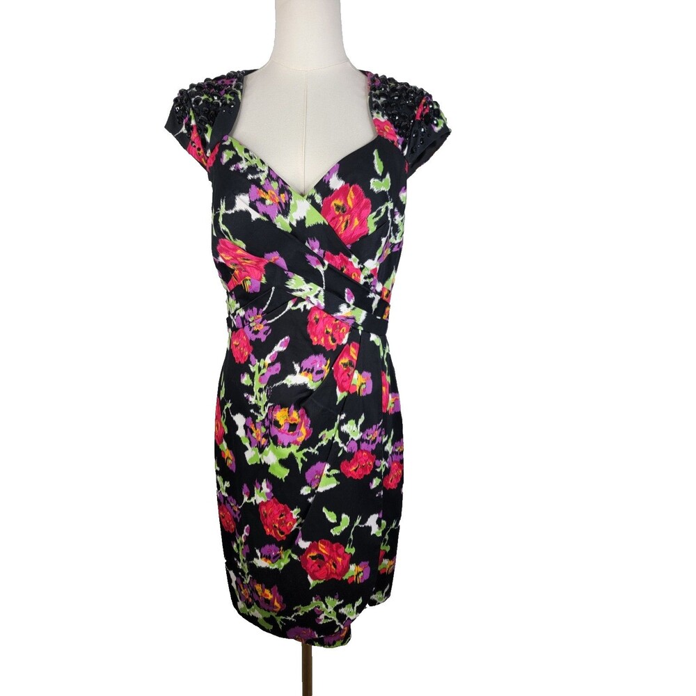 Kay Unger Floral Sheath Dress Black Pink Cotton Beaded Shoulder Approx Sz 6